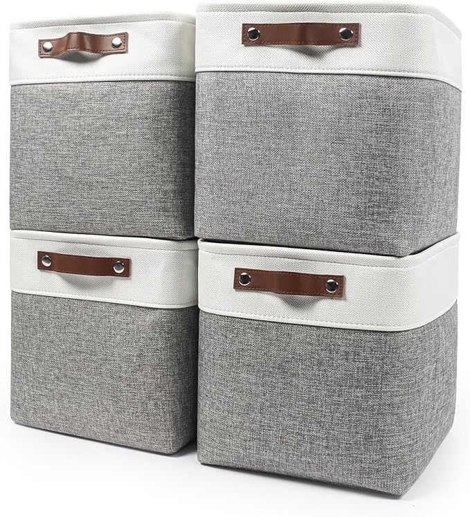 Collapsible Fabric Storage Cubes 11x11 Cube Storage Bins, 4 Pack Closet Baskets Box with Handles for Organizing, Shelf, Toys, Clothes, Home, Office, Nursery (Grey&White)