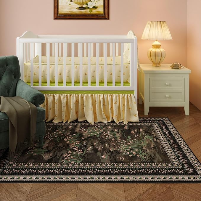 Area Rugs 8x10 Clearance Impressionist-Style Vintage Washable Area Rug Non Slip Low Pile Large Rug for Bedroom Farmhouse Dining Room Kids Playroom, Black