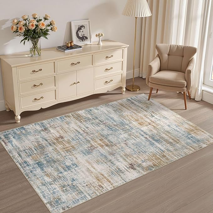 Area Rug for Living Room: 3x5 Washable Neutral Abstract Modern Soft Rugs Non Slip Indoor Floor Stain Resistant Carpet for Bedroom Dining Room Office Nursery - Blue Brown