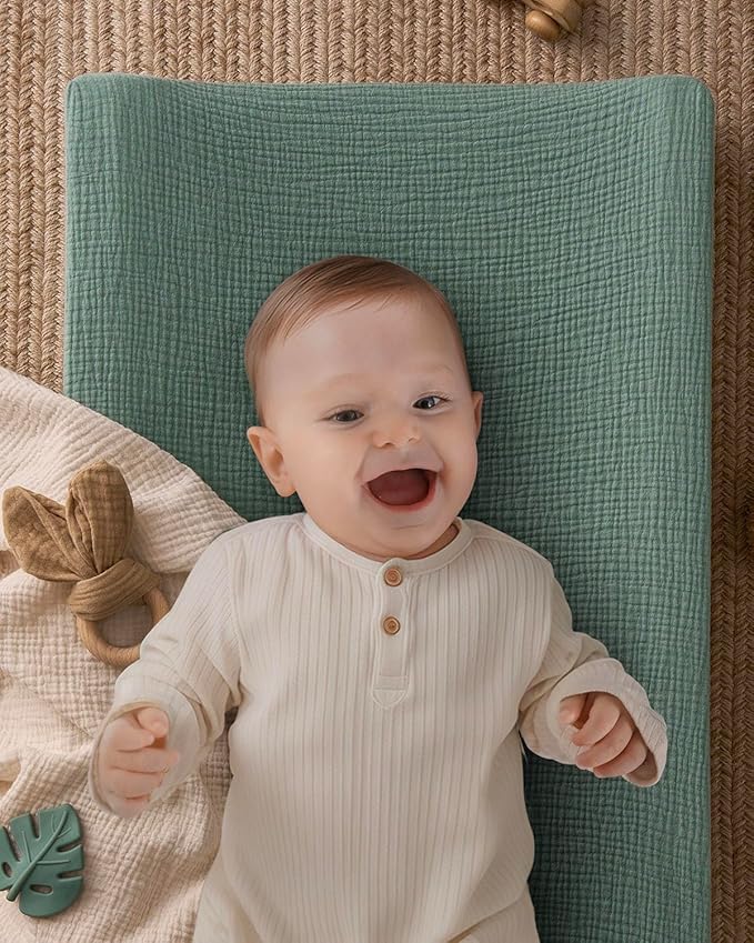 Blissful Diary Muslin Baby Changing Pad with Waterproof Lining Foam, Diaper Changing Table Pad with Cover for Dressers (Roman Green, Rectangular)