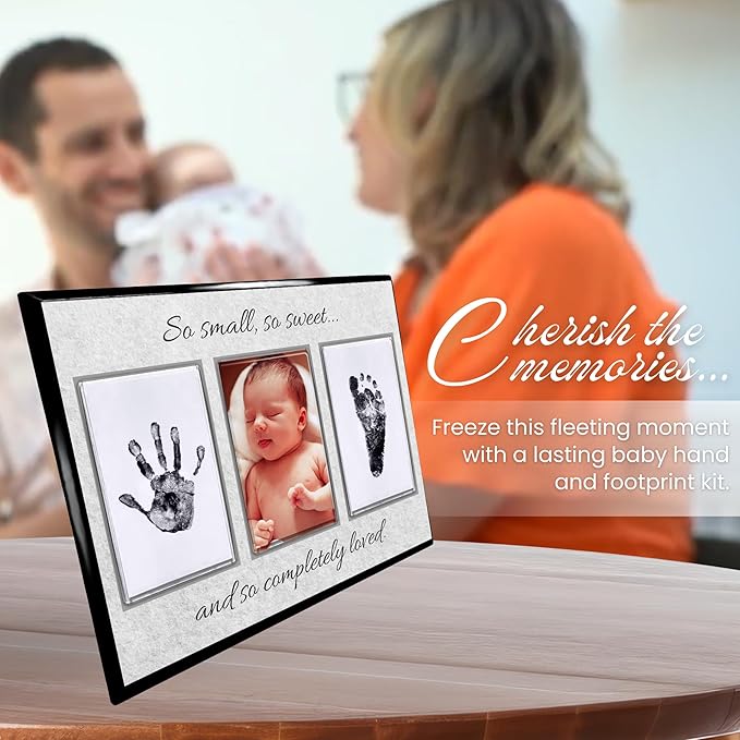 Baby Hand and Footprint Kit with Photo & Birth Details, Inkless Hand and Footprint Kit, Newborn Keepsake Plaque, Baby Shower Gifts (STYLE 2 (Baby Shower) (So Small, So Sweet))