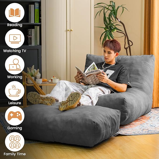 Bean Bag Chair with Ottoman, Comfy Bean Bag Sofa with Memory Foam, Lazy BeanBag Sofa with Footstool, Fireside Bean Bag Couch for Living Room, Bedroom, Apartment