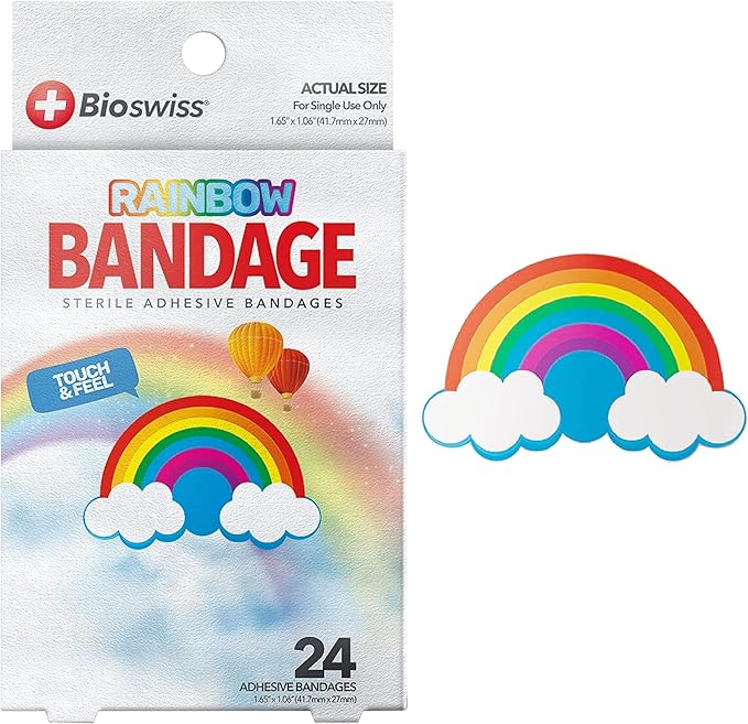 BioSwiss Bandages, Rainbow Shaped Self Adhesive Bandage, Latex Free Sterile Wound Care, Fun First Aid Kit Supplies for Kids, 24 Count