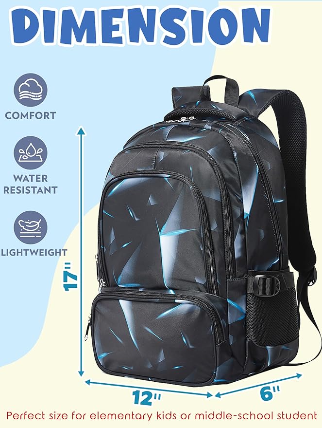 BLUEFAIRY Kids Backpack for Boys Elementary Primary Middle School Bags for Childs Book Bags Bookbags Lightweight Padded Straps Back to School Mochilas para Niños 17" Black/Blue