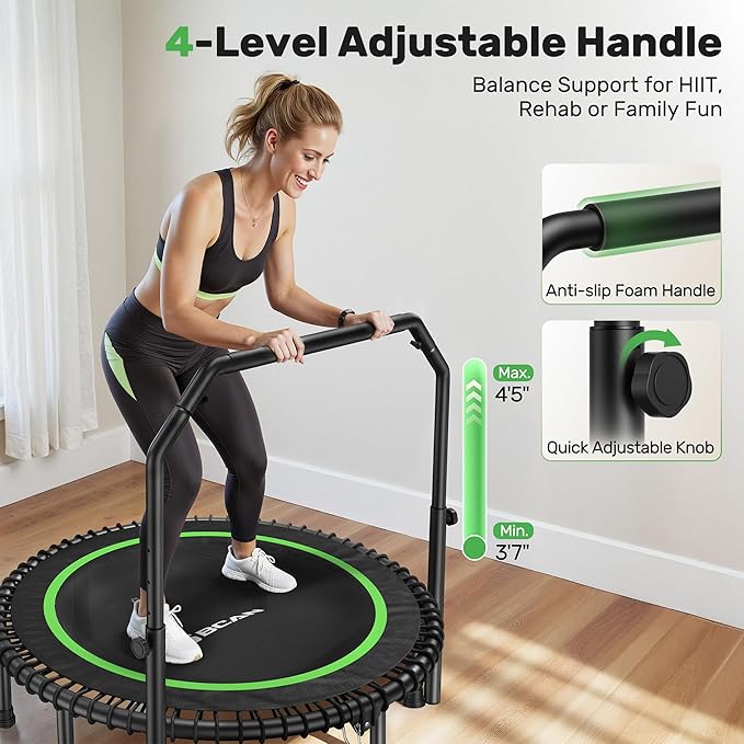 BCAN 40"/48" Mini Rebounder Trampoline for Adults with Bar, 450/550LBS Fitness Trampoline with Bungees, Adjustable Handle, Stable & Quiet, Indoor Outdoor, Whole-Body Workout & Relaxation at Home