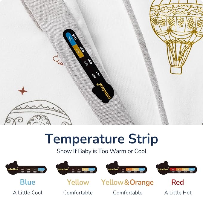 Baby Sleep Sack 3-6 Months, Cotton Detachable Long Sleeve Sleep Sack, 2.5 Tog Toddler Sleeping Sack with Temperature Strips, 2-Way Zipper Wearable Blankets for Newborns, Hot Air Balloon