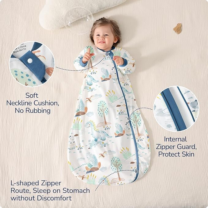 Baby Sleep Sack 18-24 Months, Cotton Detachable Long Sleeve Sleep Sack, 1.0 Tog Toddler Sleeping Sack with Temperature Strips, 2-Way Zipper Wearable Blankets for Newborns, Dinosaur
