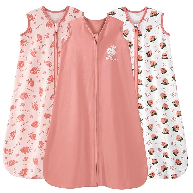 Baby Sleep Sack 6-12 Months 0.5 Tog Wearable Blanket Baby, 3 Pack 100% Cotton Lightweight Sleeping Sack with 2-Way Zipper for Newborn Infant Strawberry