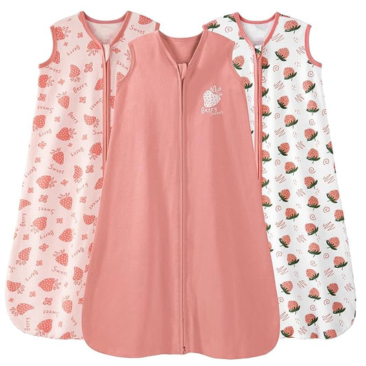 Baby Sleep Sack 6-12 Months 0.5 Tog Wearable Blanket Baby, 3 Pack 100% Cotton Lightweight Sleeping Sack with 2-Way Zipper for Newborn Infant Strawberry