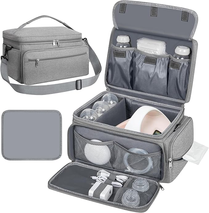 Breast Pump Bag for Spectra S1 S2 with Waterproof Mat, Breast Milk Cooler Bag for Pump Essentials, Pumping Bags for Working Mom Travel Camping, Grey