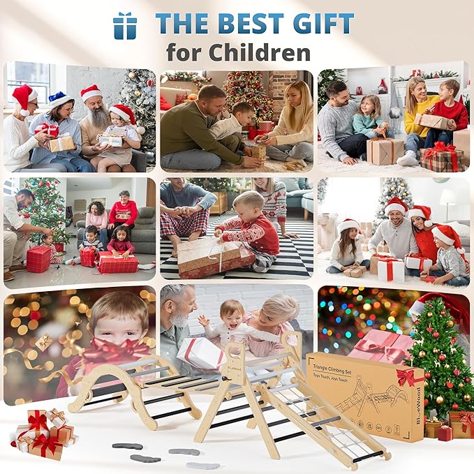 BlueWood 10-in-1 Pikler Triangle Set, Toddler Climbing Toys Indoor, Montessori Climber, Baby Jungle Gyms with Arch, Extra Rope Ladder & Footprint Balance Beam - Grey Twilight