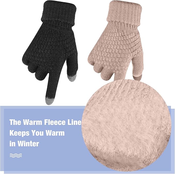 Geyoga 2 Pairs Women's Winter Touch Screen Gloves Soft Warm Fleece Lined Knit Elastic Cuff Winter Texting Gloves
