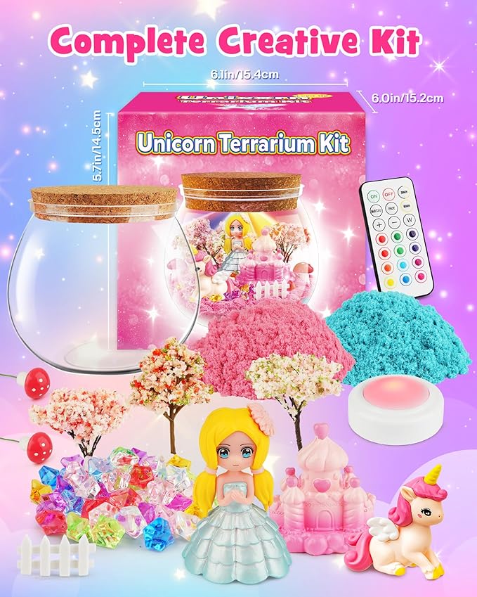 D-FantiX Unicorn Princess Toys Terrarium Kit for Kids, Led Night Light Birthday for Little Girls, DIY Arts and Crafts Science Kit for Kids Age 3 4 5 6 7 8-12 Year Old