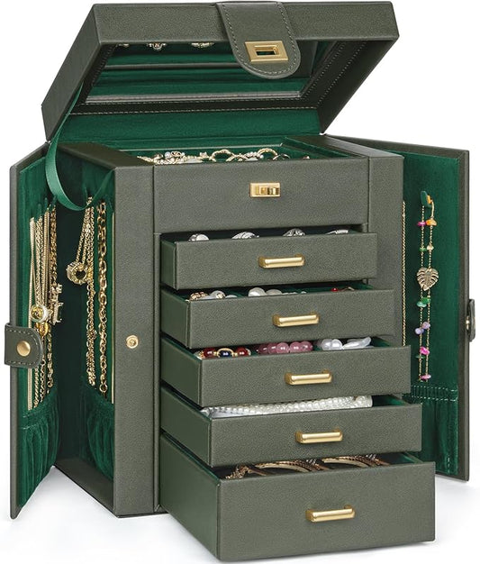 AKOZLIN Jewelry Box Organizer Functional Leather Jewelry Storage Case for Women Girls Ring Necklace Earring Bracelet Holder Organizer with Mirror
