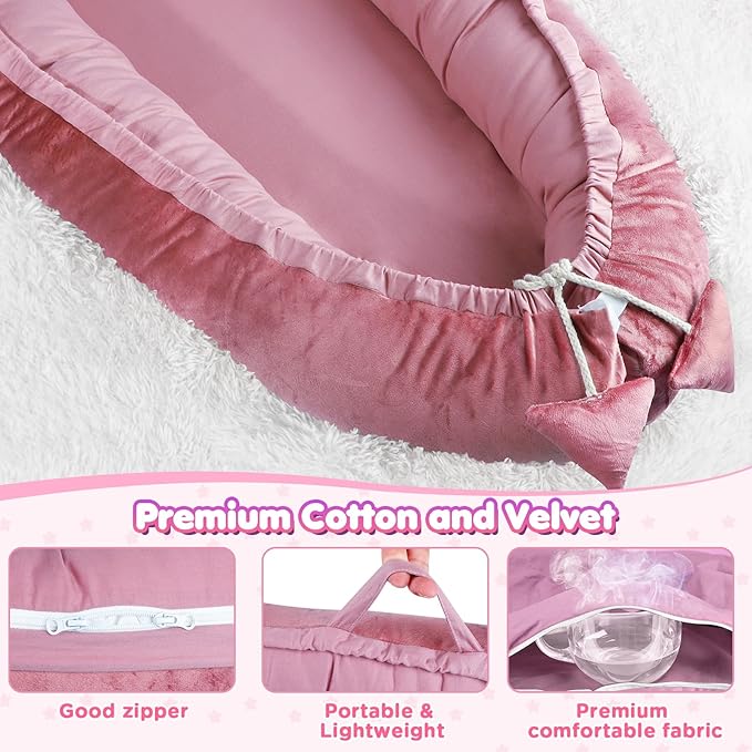 Baby Lounger - Baby Lounger for Newborn 0-24 Months, Breathable & Soft Cotton and Velvet Cover Baby Nest, Portable Tummy Time Lounger for Home and Travel, Ideal Baby Essentials & Shower Gifts
