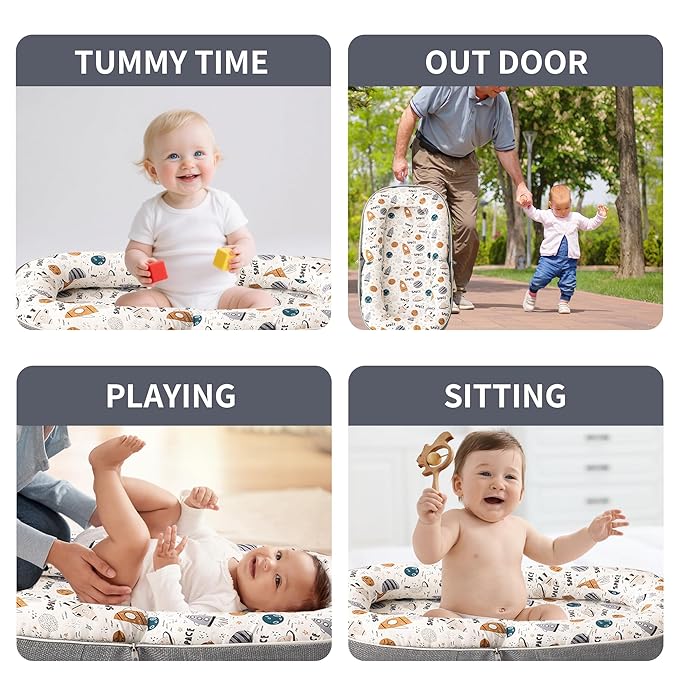 Baby Lounger, Foldable Infant Nest with Soft Memory Foam Mat, Cover with Adorable Pattern, Converts to Backpack for Easy Travel, 0-12 Months, Rocket