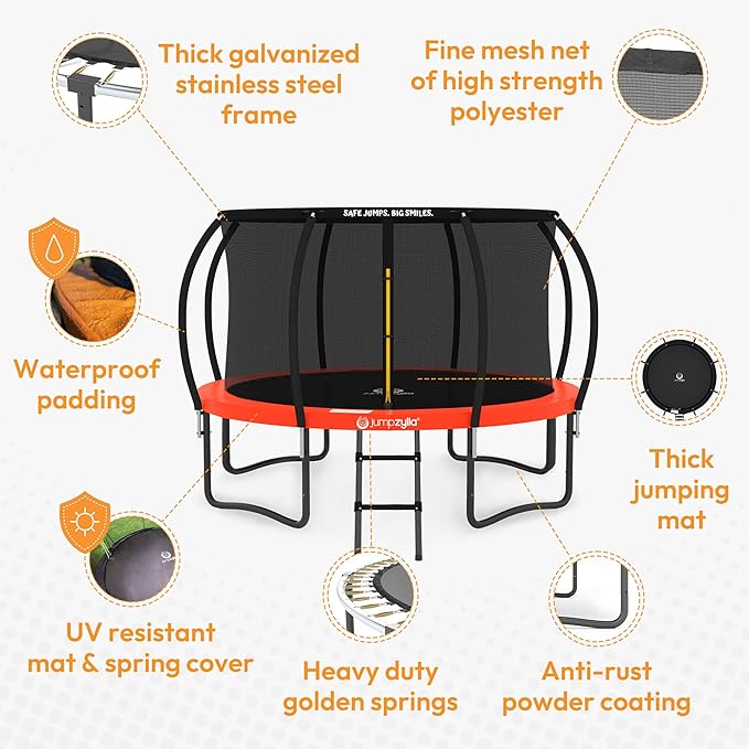 JUMPZYLLA Trampoline Outdoor 8FT 10FT 12FT 14FT 15FT 16FT with Enclosure and Ladder, ASTM Approved Recreational Trampoline for Kids and Adults, Anti-Rust Coated Frame