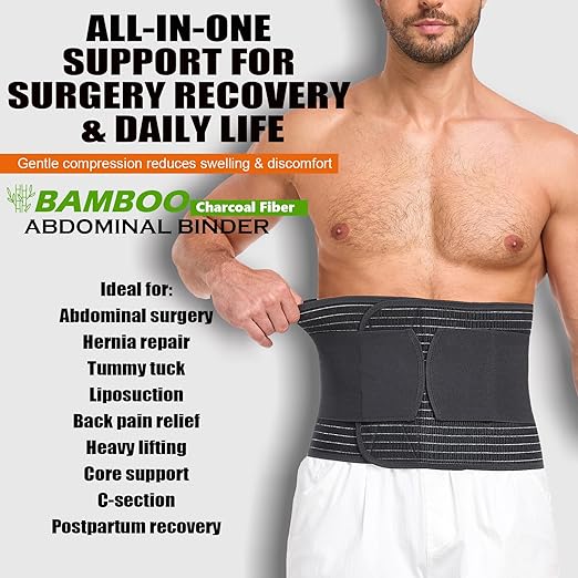 Abdominal Binder for Men and Women – Post Surgery & Postpartum Recovery Hernia Support Belt Waist Trainer for Men Adjustable Compression Wrap (Black,M)