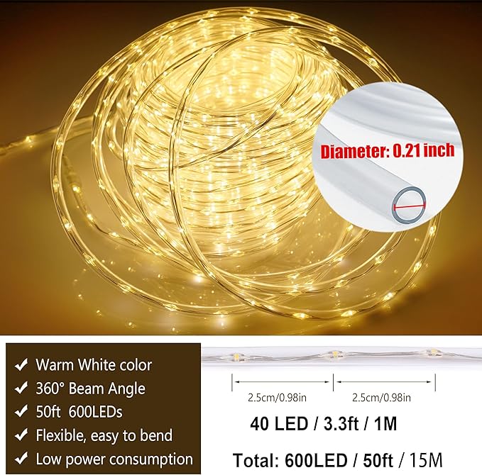 Connectable Outdoor Rope Lights, 50ft 600 LED Warm White Strip Light Plug in for Indoor with Waterproof 8 Modes, Outdoor String Lights for Camping, Garden, Backyard, Patio, Deck, Pool, Tree Décor