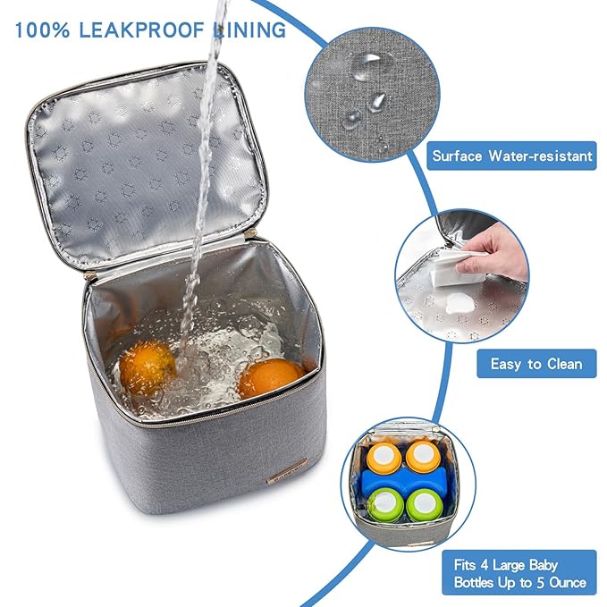 Breast Milk Cooler Bag with Ice Pack Fits 4 Large Baby Bottles Up to 5 Ounce, Baby Bottle Cooler Bag Great for Nursing Mom Daycare, Grey