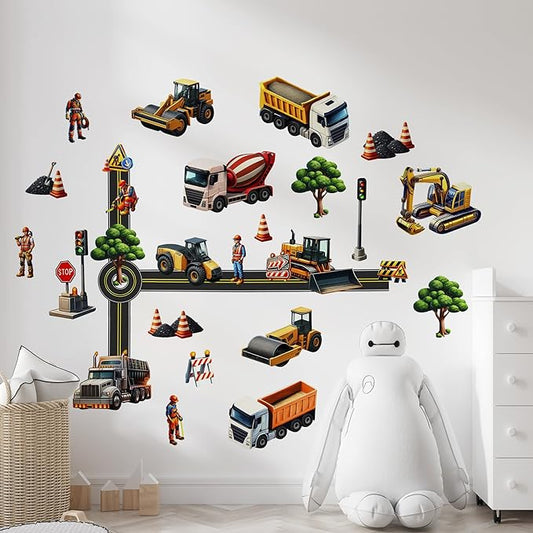 Construction Car Wall Decals for Boys by Lipastick - Road, Trucks, Tractors, Excavators Wall Stickers for Kids Bedroom, Nursery, Playroom - Peel and Stick Transport Themed Wall Decals - M Size