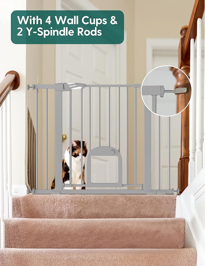 Babelio Baby Gate with Adjustable Cat Door,29-43" Auto Close Durable Pet Door for Stairs,Doorways and House, Pressure Mounted,Easy Install,Effortless Walk Thru,Gray