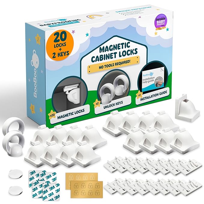 Booboo® Magnetic Child Safety Cupboard Locks for Children x20 Locks + x1 Key, Baby Proofing for Kitchen, Cabinets and Drawers, 30 Second Install No Drilling 3M Adhesive (20 Pack)