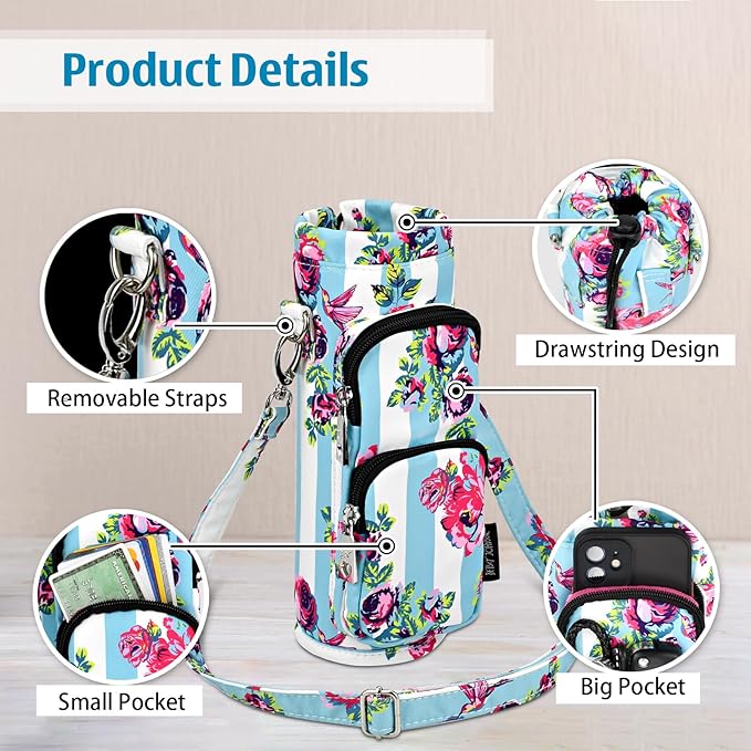 Betsey Johnson Insulated Water Bottle Pouch Holder Carrier Crossbag with Adjustable Shoulder Strap - Lightweight Polyester Accessories with Pockets Good for Hiking Sports