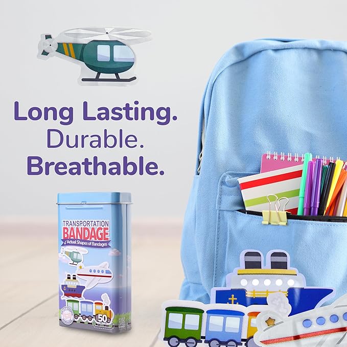 BioSwiss Bandages, Transportation Shaped Self Adhesive Bandage, Latex Free Sterile Wound Care, Fun First Aid Kit Supplies for Kids, 50 Count