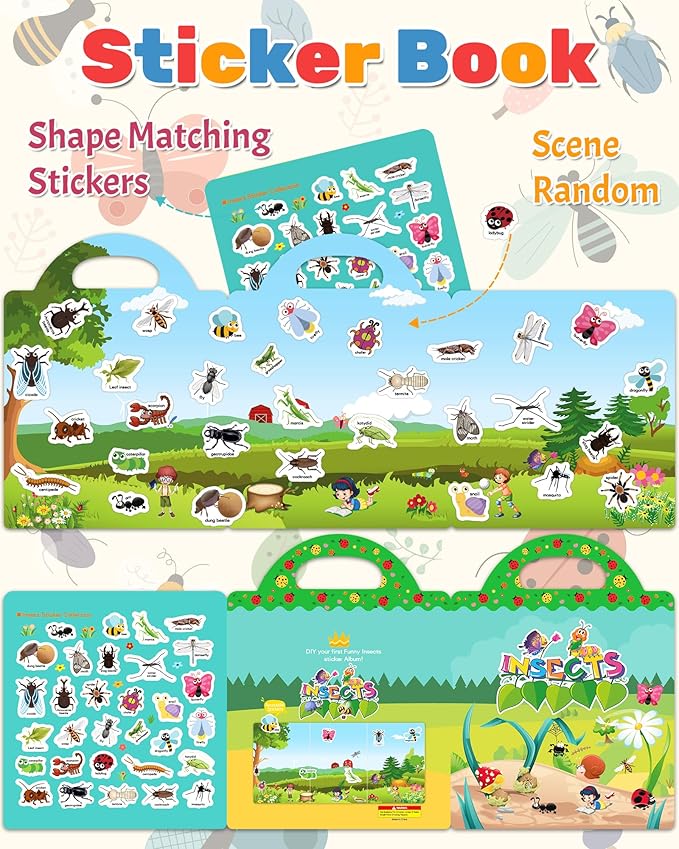 Benresive Reusable Sticker Book for Toddlers 2-4 Years, Fun Travel Stickers for Kids, Waterproof Sticker Books for Toddlers 1-3, Crafts Activities for Todddlers 1-3 2-4 3-5 - Insect