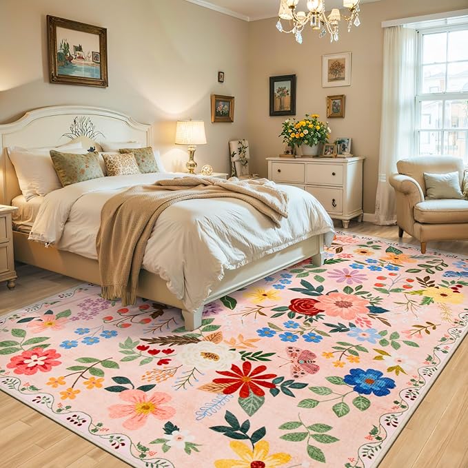 Area Rug Living Room Rugs: Floral 5x7 Washable Rug Vintage Soft Boho Non-Slip Carpet Indoor Floor Stain Resistant Large Carpets for Bedroom Dining Room Farmhouse Nursery Hallway Home Office Beige