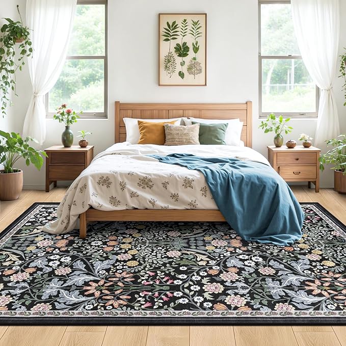 8x10 Area Rugs for Living Room: Floral Washable Rug Vintage Large Soft Boho Non-Slip Carpet Indoor Stain Resistant Low Pile Carpets for Bedroom Dining Room Farmhouse Nursery Home Office Dark Black