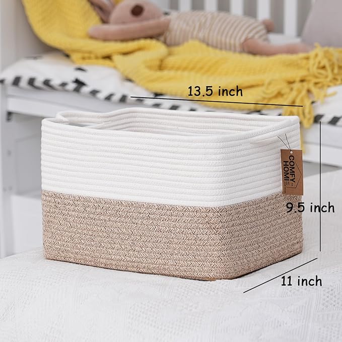 COMFY-HOMI 3-Pack Cotton Rope Woven Basket with Handles for Shelves, Books, Toys, Cloth Storage|Towel Storage|Nursery Baby Basket - 13.5" x 11" x 9.5" for Living Room (White/Brown)