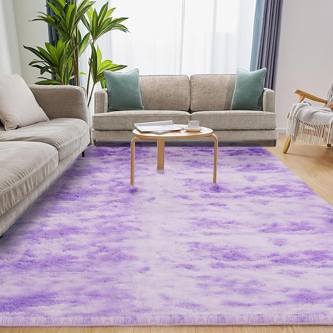 Area Rugs 9x12, Fluffy Rugs for Living Room, Ultra Soft Rugs for Bedroom, Non-Slip Indoor Carpet for Nursery, Kids Room, Playroom, Home Decor, Tie-Dyed Purple