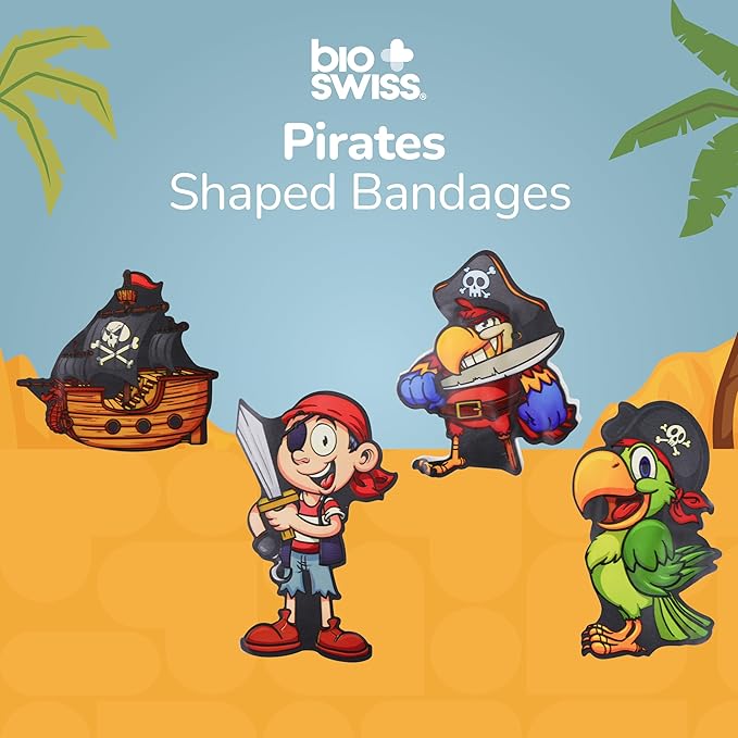 BioSwiss Bandages, Pirate Shaped Self Adhesive Bandage, Latex Free Sterile Wound Care, Fun First Aid Kit Supplies for Kids and Adults, 24 Count