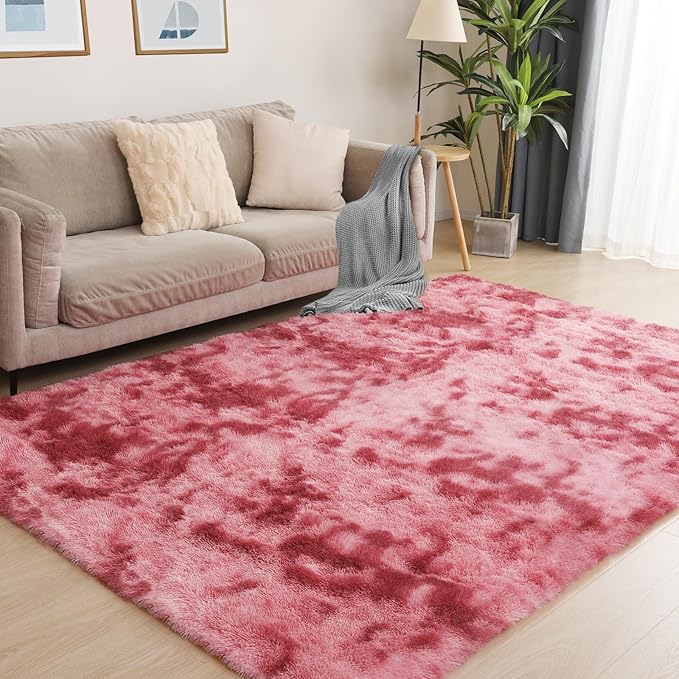 Area Rugs 9x12, Fluffy Rugs for Living Room, Ultra Soft Rugs for Bedroom, Non-Slip Indoor Carpet for Nursery, Kids Room, Playroom, Home Decor, Tie-Dyed Dark Pink