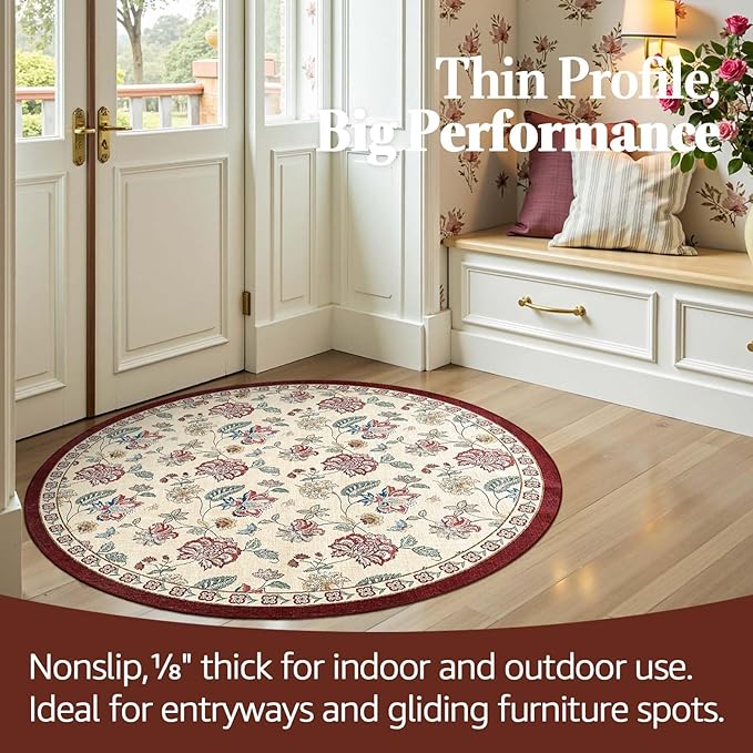 jinchan 4ft Floral Round Rug for Entryway Washable Kitchen Rug Vintage Romance Design Non Slip Indoor Doormat Lightweight Low-Profile Throw Carpet for Living Room Dining Room Bedroom, Red/Beige
