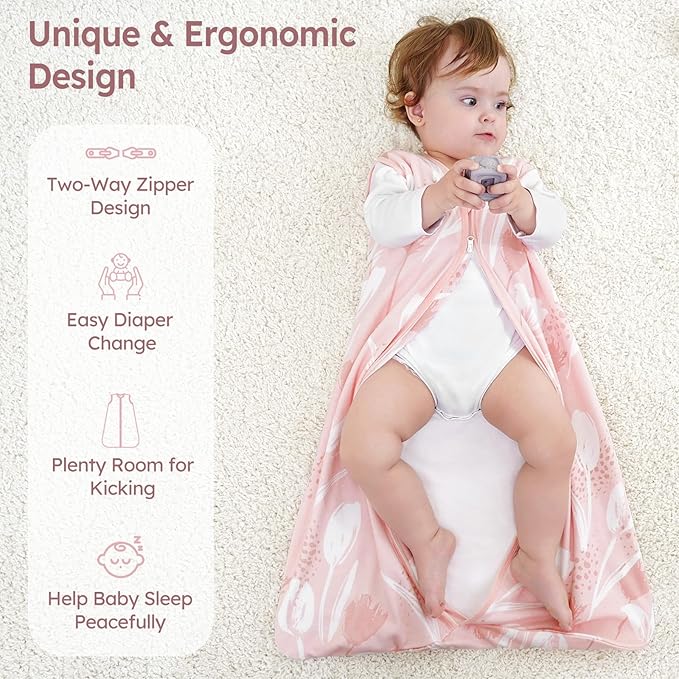 Baby Sleep Sack 18-24 Months 3 Pack 100% Cotton Lightweight 0.5 TOG Wearable Blanket Baby Sleep Bag with 2-Way Zipper for Newborn Infant Pink Flowers & Leaf