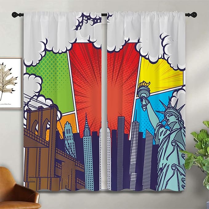 City Rod Pocket Blackout Curtains for Boy Girl Bedroom, Pop Art Style New York Cityscape Home Energy Efficient Light Filtering Window Curtain for Living Room, 42x63 inch