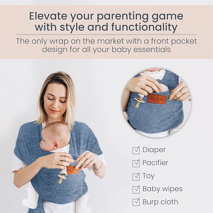 Baby Wrap Carrier - Premium Cotton Baby Carrier Wrap for Newborn to Toddler- Infant Carrier- Baby Holder One Size Fits All with Front Pocket (Grey) by Max&so