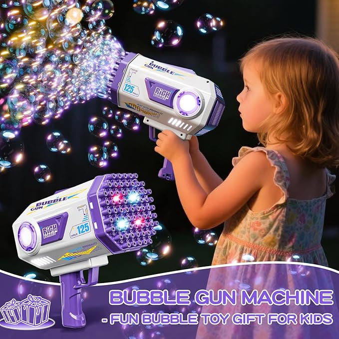 Bubble Gun, 125 Holes Bubble Machine Gun, Bubble Blaster Gun for Kids, Rechargeable Bubble Gun with Bubble Solution, Summer Toy Party Favors Bubble Maker for Wedding Birthday (Purple)