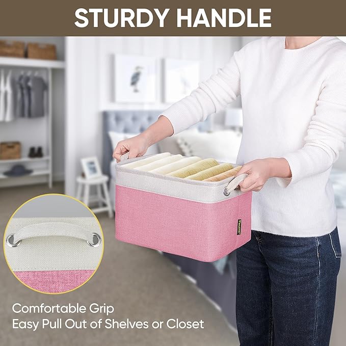 BALEINE 3 Pack Fabric Storage Bins for Shelves, Linen Storage Baskets for Organizing, Decorative Closet Bins for Clothes, Home (Pink, 12"x8"x8")
