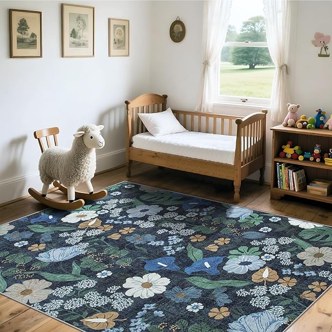 Area Rug Living Room Rugs: 5x7 Washable Rug Vintage Floral Soft Boho Non Slip Carpet Indoor Floor Non Shedding Low Pile Thin Carpets for Bedroom Dining Room Farmhouse Nursery Home Office Blue