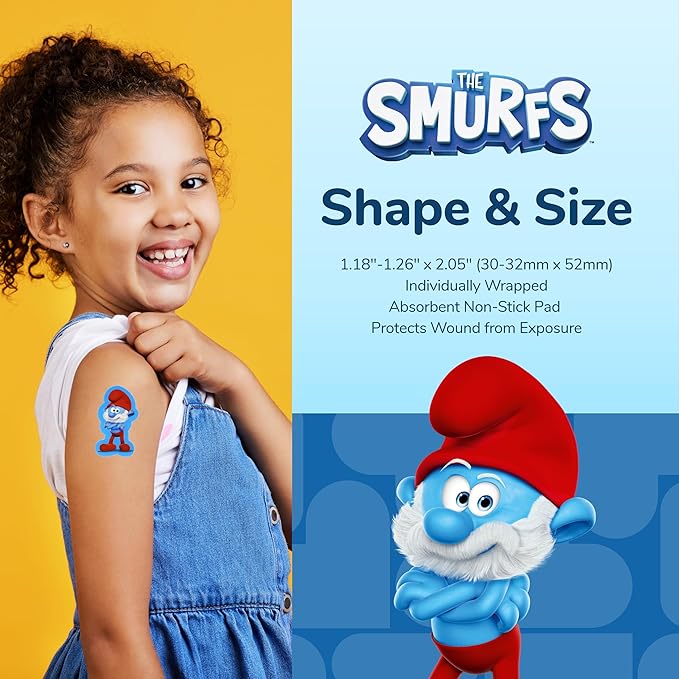 BioSwiss Bandages, The Smurfs in 3D Shaped Self Adhesive Bandage, Latex Free Sterile Wound Care, Fun First Aid Kit Supplies for Kids and Adults, 50 Count Plastic Case