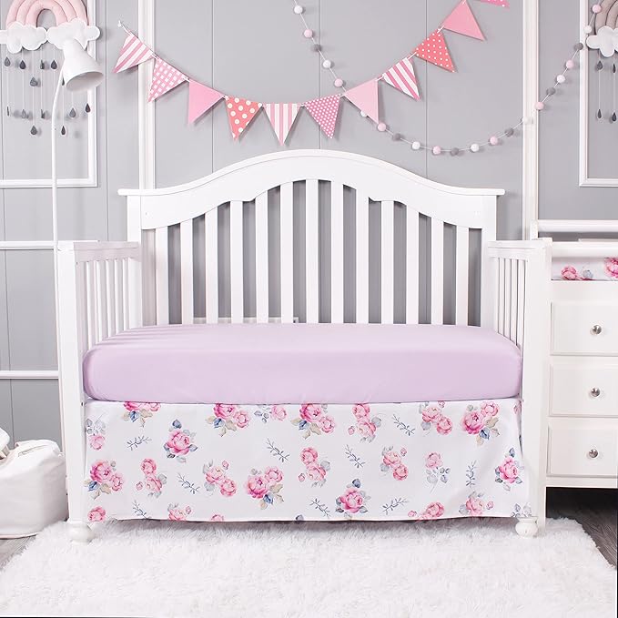 Belsden Floral 3 Piece Crib Bedding Set for Baby Boys Girls, Classic Nursery Bedding Essential Including Comforter, Crib Sheet and Crib Skirt, Ultra Soft Cozy, Floral Purple