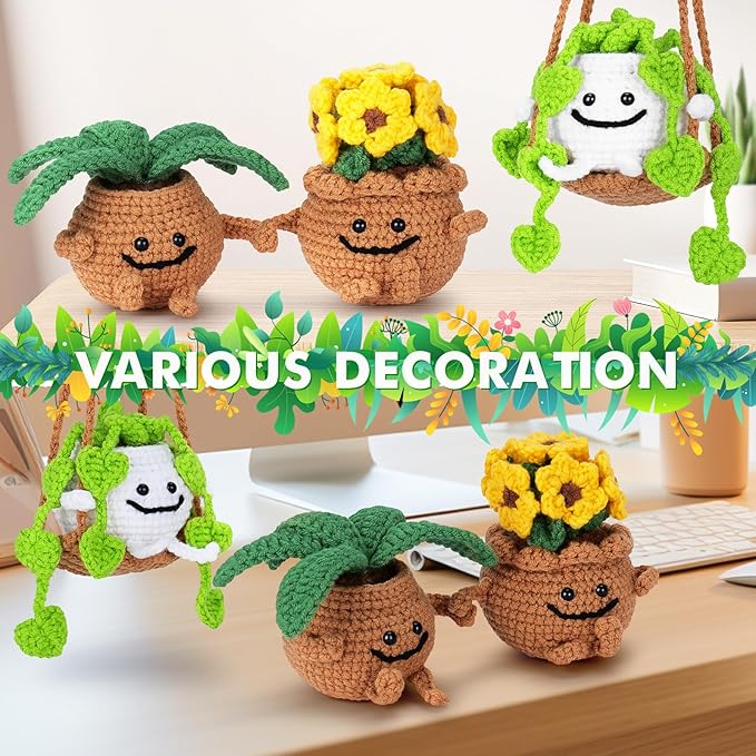 Crochet Kit for Beginners - 3 PCS Potted Plants Crochet Kit with Step-by-Step Video Tutorials, Beginner Crochet Kits for Adults Kids, Potted Plant with Swing Crocheting Set