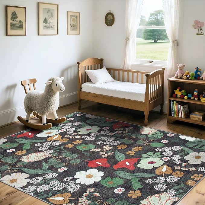 Area Rug Living Room Rugs: 5x7 Washable Rug Vintage Floral Soft Boho Non Slip Carpet Indoor Floor Non Shedding Low Pile Thin Carpets for Bedroom Dining Room Farmhouse Nursery Home Office Green