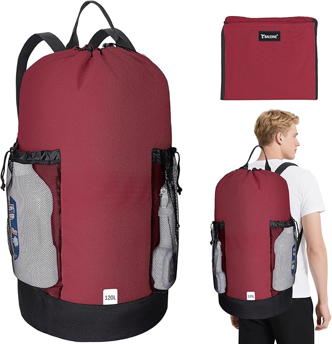 BALEINE 120L Laundry Bag Backpack, 900D Oxford Fabric Large Travel Laundry Bags with Shoulder Straps and 2 Mesh Pockets for College Dorm, Apartment, Laundromat (Red, 120L)