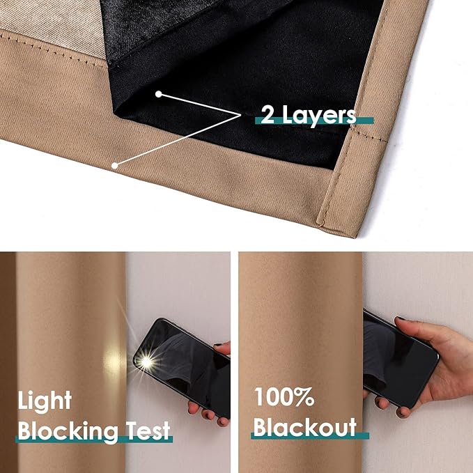 ChrisDowa 100% Blackout Curtains for Bedroom with Black Liner, 2 Thick Layers Total Blackout Thermal Insulated Grommet Window Curtains 2 Panels Set (Cappuccino, 42 x 63 Inch)