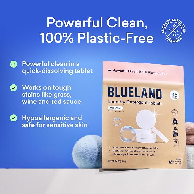 BLUELAND Laundry Essentials Kit, Fragrance Free & Clear - Plastic-Free Laundry Detergent Tablets, Oxi Booster, and Reuseable Natural Wool Dryer Balls